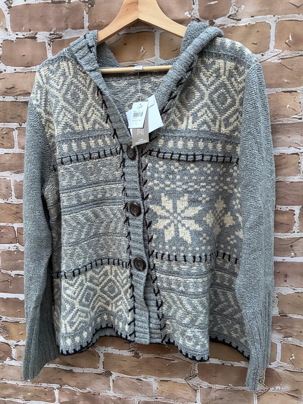 New J. Jill size L Hooded Fair Isle Button-Front Cardigan sweater in Gray cream